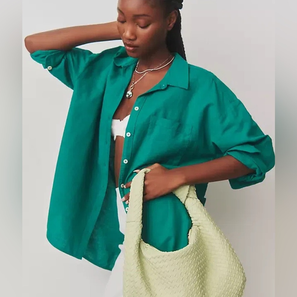MAEVE Anthropologie The Bennet Buttondown Shirt Linen Edition Green Size Xsmall